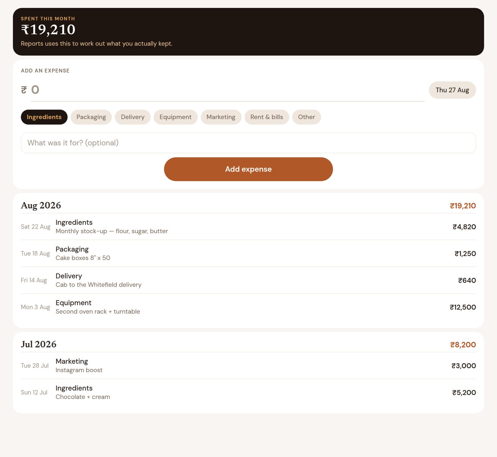 Expenses: spent this month, a four-field add form, and expenses grouped by month with totals.