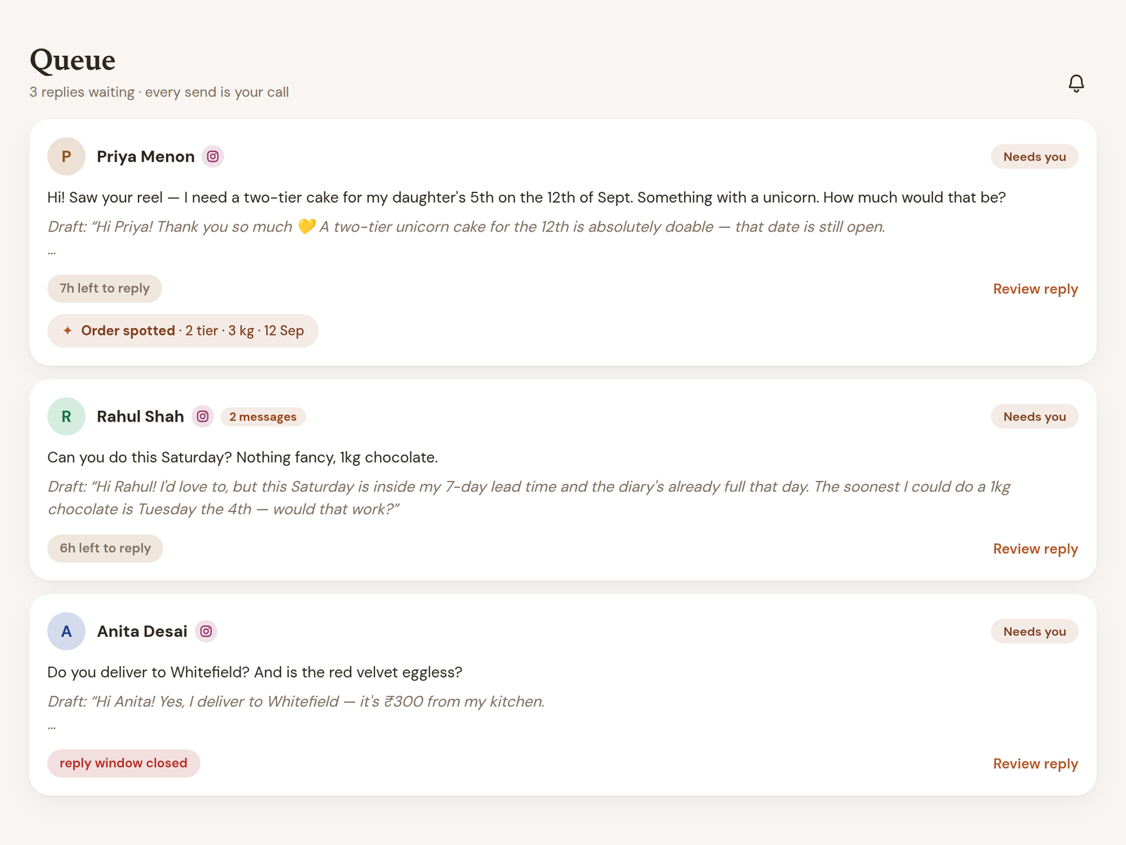 The Bakersline queue: three replies waiting, each showing the customer's message, the drafted reply, the time left to respond, and a Review reply action.