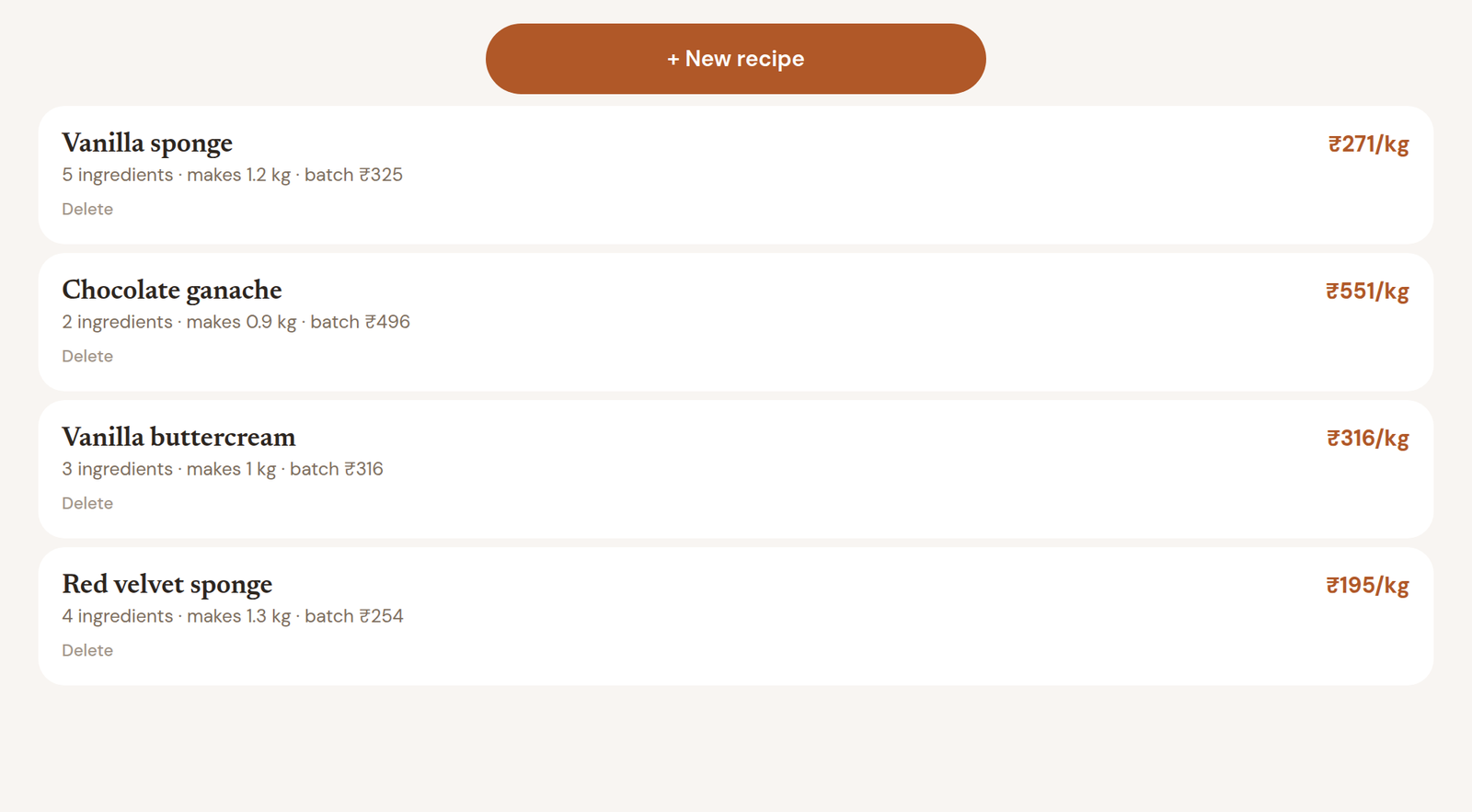 Recipes with cost per kilo calculated from ingredient pack prices, and a warning where a recipe references a deleted ingredient.